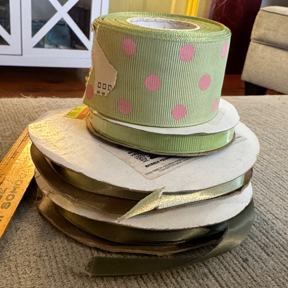 Sage Green and Pink Polka Dot / solid sage satin and grosgrain Ribbon Set
